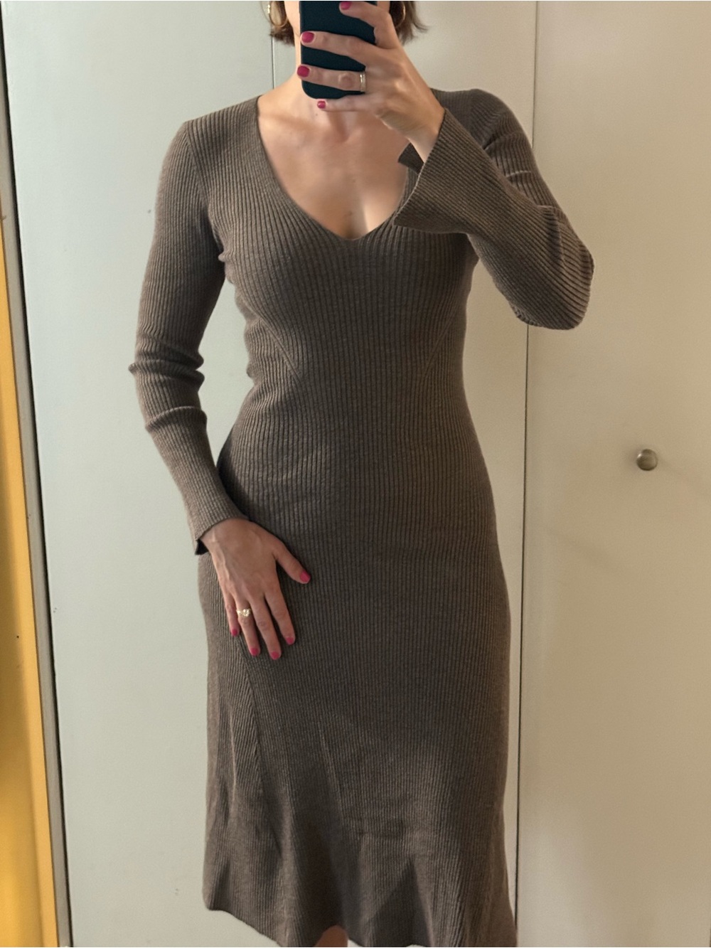Rails Brown Ribbed V-Neck Long Sleeve Midi Dress